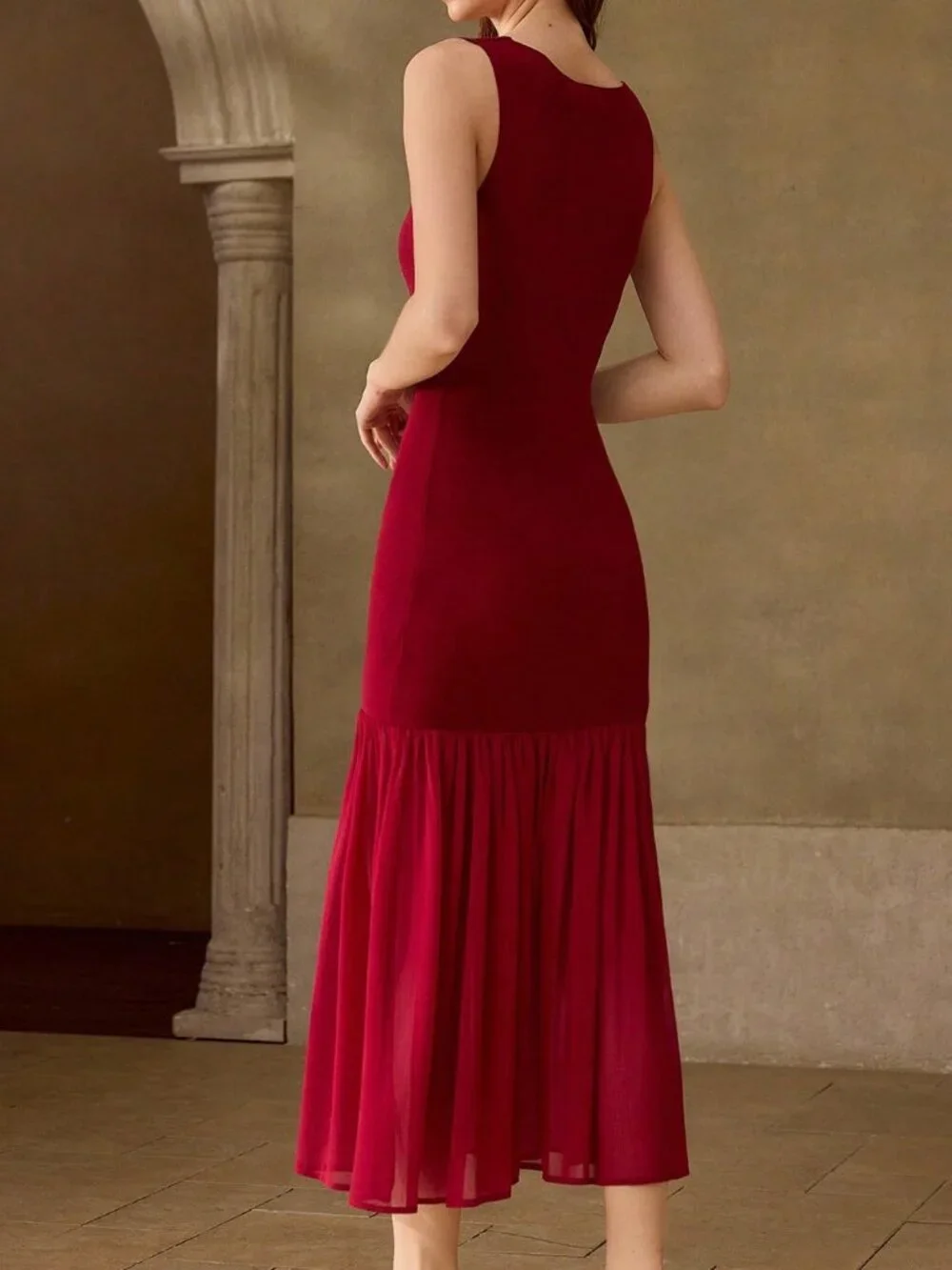 Burgundy Elegant Women's V Neck Knit Patchwork Maxi Sweater Dress